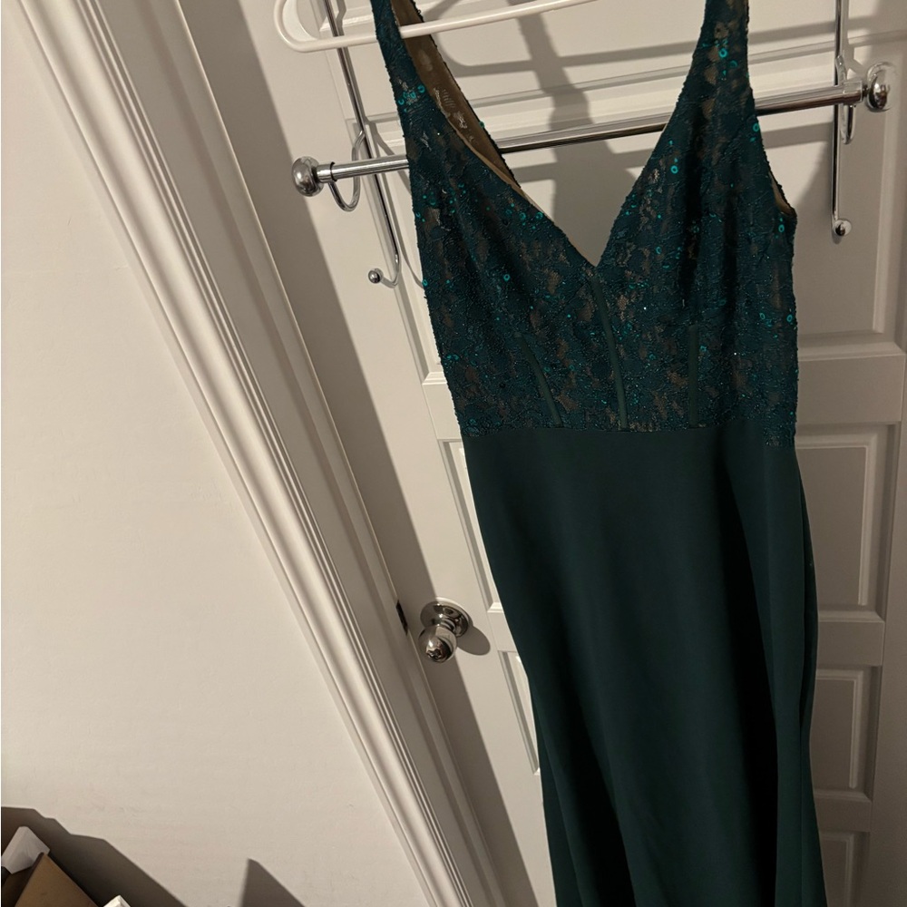 Deep Teal V-Neck Sequin Lace Evening Gown